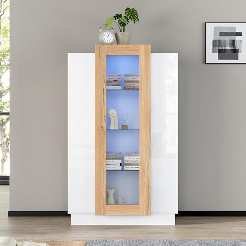FAYICIC 74 x 40 x 120 cm armadio soggiorno con 3 ante trasparenti, vetrina lucida con LED, libreria con ripiani in vetro e cassetto