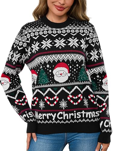Litherday Maglione Natalizio Donna Invernale Maglione di Natale Caldo Lavorato a Maglia con Maniche Lunghe Girocollo Morbido con Motivo Babbo Natale e Fiocchi di Neve Pullover