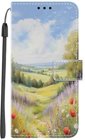 Nuxiady Fodral för iPhone 17 Läderfodral Kreativt Mönster Skyddande Fodral Flipp Stötsäkert Plånboksfodral för iPhone 17 med Mönster Blå Himmel Gräs
