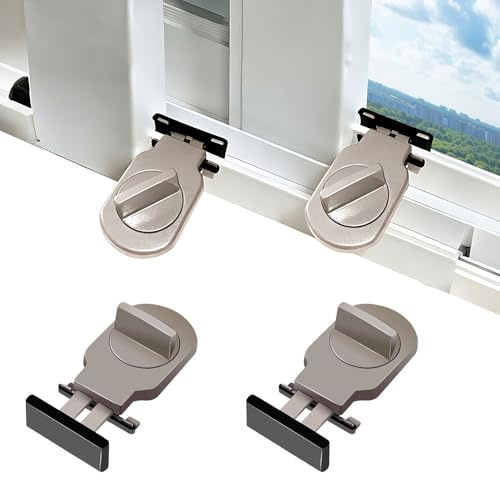 FEIHS 4 Piezas Cerradura de Ventana Corredera, Bloqueo Ventana Corredera de Puerta Ajustable, Cerraduras de Puertas Correderas, Sin Taladro Necesario, para Puertas y Ventanas Correderas (Marrón)