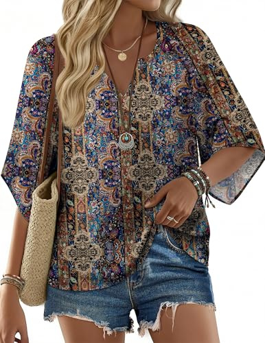 Zeagoo Women V Neck Tops UK 3/4 Sleeve Casual Bohemian Print Tunic Tops Elegant Summer Blouse Shirts Bohemian L