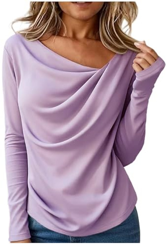 Blusas de satén para mujer, de gasa, de manga larga, fruncidas, de seda, asimétrica, cuello en V, para salir, ropa Y2k, Morado (, L
