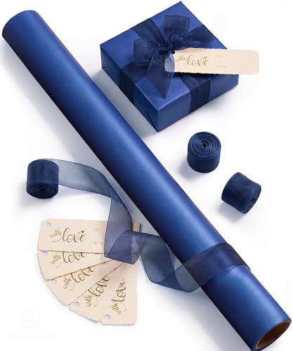 Vitalizart Papel de Regalo Azul Marino 43 cm x 5 m, Papel de Regalo Perlado | Set de Papel Regalo, Cintas Organza y Etiquetas para San Valentín, Bodas, Cumpleaños, Navidad y Baby Shower