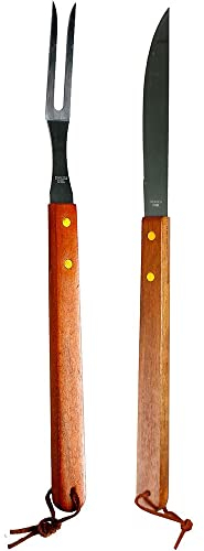 Vetrineinrete® Kit Barbecue 2 Utensili Coltello e forchettone in Acciaio Inox per Grill Carne braciata Manico in Legno Attrezzi da Cucina 60199 G23