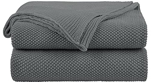 PiccoCasa 100% Cotton Knit Blanket Full Size,Solid Lightweight Decorative Throws and Blankets,Soft Knitted Throw Blanket for Sofa Couch, Gray 70 x 78