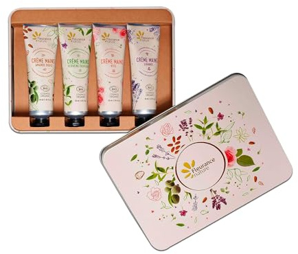 Fleurance Nature- Coffret crèmes Mains Instant Douceur certifié Bio Cosmos Ecocert- 4x 30ml- Rose-Lavande-Amande Douce- Verveine Tropicale- coffret cadeau femme- coffret beauté femme Bio-24603