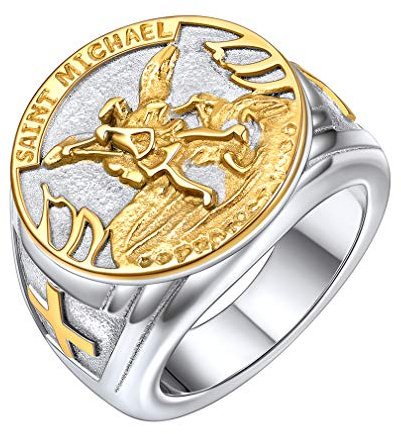 FaithHeart gold Saint Michael Siegelring, Erzengel Schutzpatron Bandring Fingerring in 67 für Geburtstag Jahrestag Ordination
