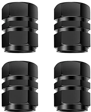 PLABBDPL Tappi per Valvole Pneumatici 4 Pezzi, Tappo Antipolvere per Ruote Auto in Alluminio, Indicatore di Pneumatici per Auto, con Tappi per Valvole Pneumatici Universali con Giunto Esagonale (Nero)