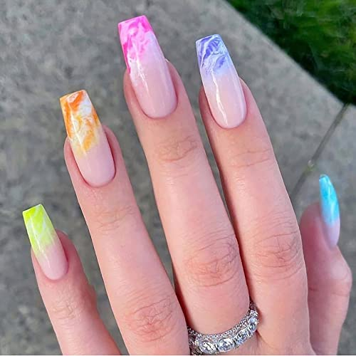 Künstliche Nägel Zum Aufkleben, Marmor Press on Nails Ballerina Abstrakter Long Falsche Nägel Zum Aufkleben Lang für Frauen und Mädchen (24 Stück)