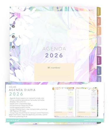 MANOA® Hojas de recambio agenda 2026 - Día Página con horas - 6 agujeros archivador anillas - 16 cm x 21,5 cm - 380 Páginas - Incluye pestañas separadoras mensuales - Para PLANNER y COVER MANOA®