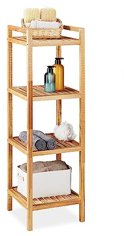 Relaxdays Badregal, Walnuss, 4 Ablagen, HxBxT: 110 x 35 x 35 cm, Standregal für Badezimmer & Küche, freistehend, Natur