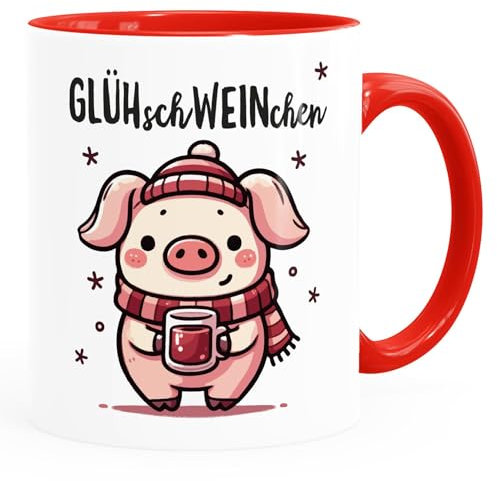 MoonWorks Tazza per vin brulé, motivo maialino, gioco di parole smaltato, divertente, piccolo regalo di Natale, bianco e rosso standard