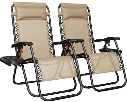 Yaheetech Zero Gravity Chairs Outdoor Adjustable Folding Sunloungers Lounge Recliners w/Pillows, Cup Holder and Carry Strap for Patio Porch Deck Beige Set of 2