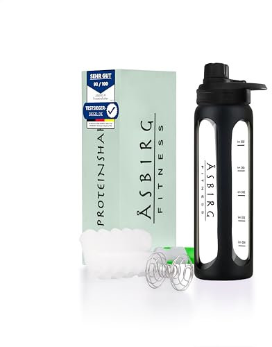 Asbirg 2.0 | Shaker per proteine in vetro 700 ml – senza BPA, a prova di perdite e robusto – Shaker per proteine con mixball in vetro borosilicato – Borraccia per fitness e sport | nero