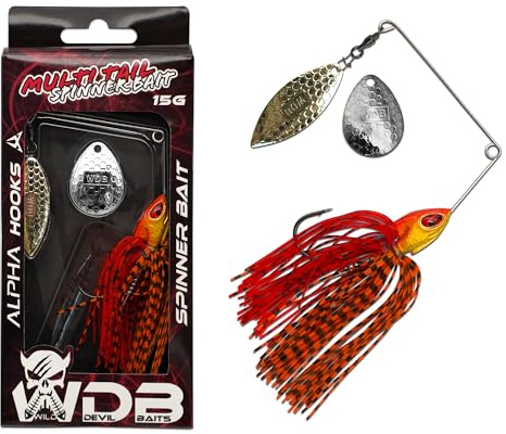 Wild Devil Baits Multi Tail Spinnerbait Spinner Bait Kunstköder Spin Jig Angelköder Barsch Hecht Zander (Red Devil, 15g)