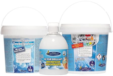 AQUA CLEAN PUR Wäschepflege Set 1kg Vollwaschmittel 1kg Zauberpulver & 500ml Weichspüler für alle Wäschearten auch Mikrofaser