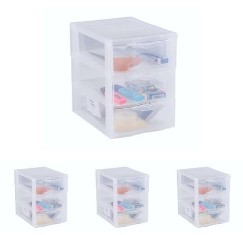 SUNDIS Orgamix, petite tour de rangement en plastique, 3 tiroirs transparents format A5, hauteur 25,5 cm, superposable, idéale rangement cosmétiques, bijoux, accessoires, fournitures (Lot de 4)