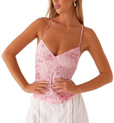Moollyfox sommartoppar Y2K dam – nackhållare crop toppar med paljetter, glittrande blommönster och pärldekoration – sexig rygglös topp, camisole top, ROSA, L