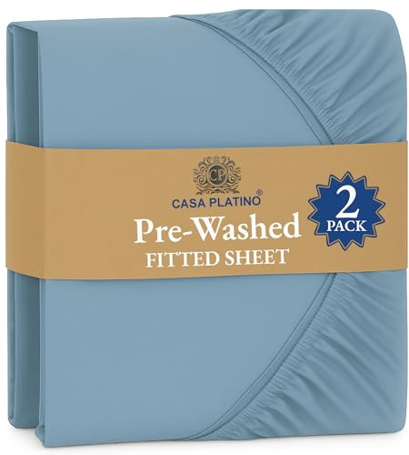 Fitted Sheet Double Pack of 2, French Blue - Pre-Washed, Deep Pocket 14 inch (35 cm) - Easy Care - Soft Brushed Microfibre Fabric - Shrinkage and Fade Resistant - Bottom Sheet