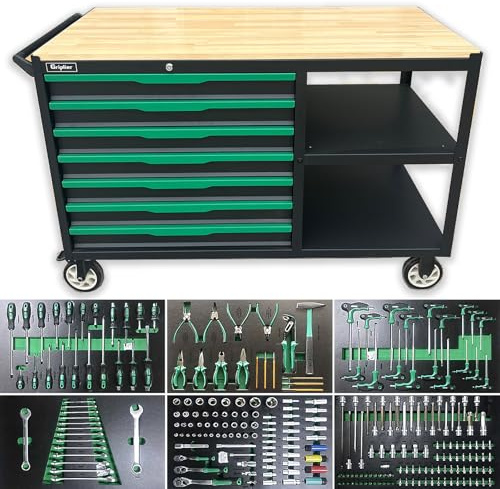 Griplier Rollender 7-Schubladen-Werkstattwagen mit Doppelregalen, Holz-Arbeitsplatte, für Garage, Werkstatt oder Außeneinsatz, 300 kg Tragfähigkeit (7 Schubladen mit 258 Werkzeugteilen)