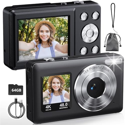 【Dual Screens 】TEKXDD Digital Camera with 64G SD Card, 4K 64MP Compact Digital Camera with 18X Digital Zoom, Portable Vlogging Camera for Kids Teen Students Girl Boy Beginner