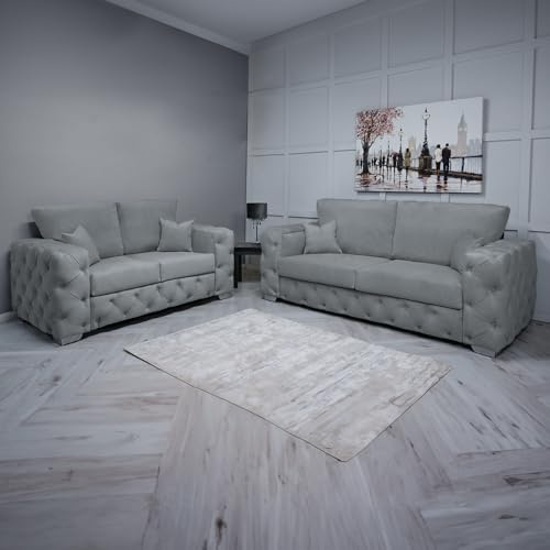 Ashton Chesterfield Corner Sofa L-Shaped Plush Velvet 2-3 Seater Sofa set, Arm chair – Deep Buttoned Armrests & Backrest with Sturdy Legs (Grey Plush, 2+3 Seater)