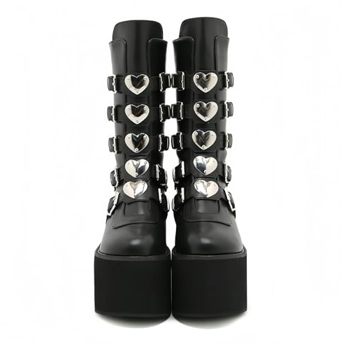 FQLGJMY Mujeres rodilla alta cuña plataforma botas con tacón alto grueso encaje y cremallera Punk gótico medio ternera botas de combate moto botas con hebillas de metal para otoño invierno