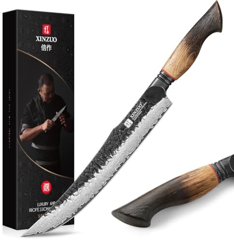 XINZUO Acero de Damasco 25,5cm Cuchillo de Trinchar de Cocina-Afilado Forjado Cuchillo Fileteador de Cocinero Profesional -Multiusos para Vajilla de Barbacoa -Mango de Roble Blanco-con Caja de Regalo