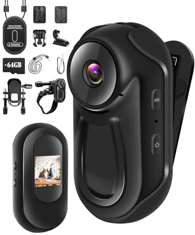 NNYYMH 1080P Bodycam Min con Scheda SD 64GB, Action Cam con Schermo Touch HD, Autonomia 120 Minuti, Grandangolo 120°, Clip Posteriore 360°, Visione Notturna a Infrarossi, Dashcam Telecamera moto