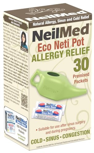 NeilMed NasaFlo Eco Neti Pot – Sustainable Nasal Irrigation System for Sinus Relief, BPA-Free & Eco-Materials, Gentle Gravity Flow, Includes 30 Sinus Rinse Premixed Packets, Natural & Earth-Friendly