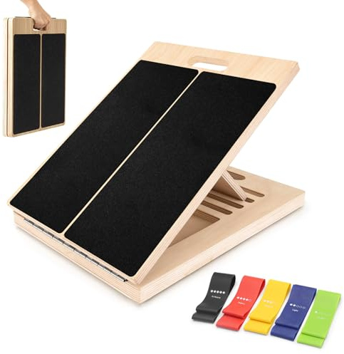 BOODPET Wooden Slant Board - Adjustable Calf Stretcher Squat Wedge, 300LBS | Foldable Calf Stretch Board with 5 Resistance Bands - Non-Slip PVC Surface, 5 Angles 20-45°, Pine Wood