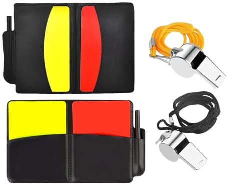 LUDHEP Kit de Tarjetas Árbitro Fútbol, 4 Piezas, con 2 Metal Silbato Arbitro, Tarjeta Roja Tarjeta Amarilla, Silbatos de Sonido Fuerte y Nítido, para Partidos de Fútbol Deporte Escolar, Baloncesto