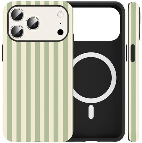 Coiwxmoi Magnetiskt fodral för iPhone 17 Pro, Sommar Striped Randig Teckning Estetisk Kvinnor Design Skal Kompatibelt med MagSafe, Silikon Tunt Stötsäkert Fodral för iPhone 17 Pro, Grön 02