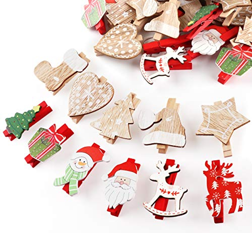 ABSOFINE 50PCS Pinces à Linge en Bois Motif Noël Décor DIY Craft Enfant Cadeau Calendrier de l'Avent de Noël à Pinces à Linge