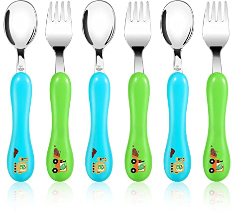 Lehoo Castle 6 Pieces Toddler Utensils, Kids Silverware for 2 3 4 Years Old, Stainless Steel Fork and Spoon Set with Plastic Handle, Safe Toddler Cutlery (Dinosaur)