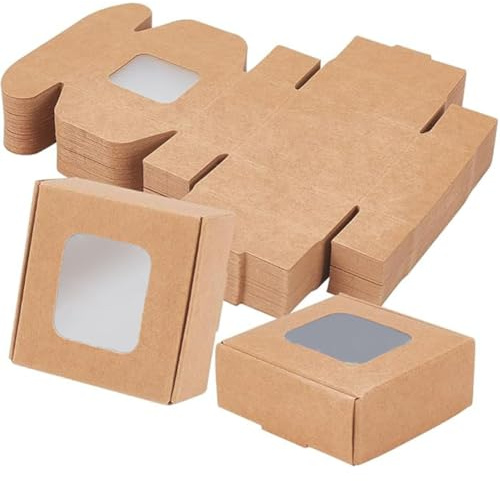 BENECREAT 48-pack 5,5 x 5,5 x 2,5 cm brun kraftpapperslåda med genomskinliga fönster, hopfällbart papper, presentask, godislåda, efterrättslåda för fest, bröllop, bageri, förpackning
