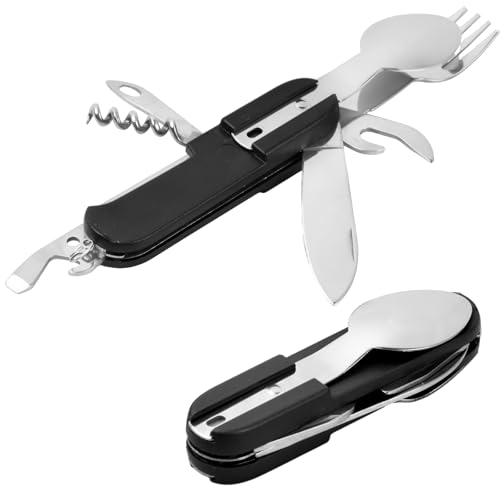 Wisebom Set de Couverts de Camping Pliants, 2 Pièces Kit Couverts de Camping 8 en 1 en Acier Inoxydable Amovible Vaisselle de Camping pour la Randonnée en Plein Air Pique-Nique Voyage (Noir)