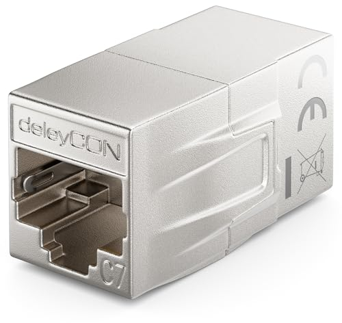 deleyCON RJ45 Acoplador Cat 7 (10Gbps, 600MHz) Conector CAT7 Cable de Extensión Adaptador Ethernet Metal Compatible con Cat8, Cat7, Cat6, Cat5 Patch Cable LAN DSL PoE 2X RJ45 Socket, Plata