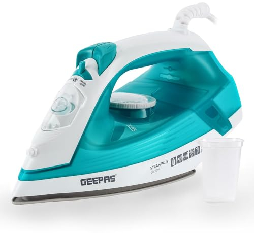 GEEPAS Steam Iron | Clothes Dry & Steam Press | 35s Fast Heat-Up, Vertical Steaming | Ceramic Soleplate & Adjustable Temperature | 460ml Water Tank with 0.7g/Steam Output | 2 Year Warranty 2000W Blue