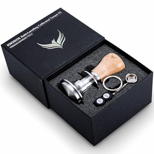 KNODOS Spring Loaded 54mm Espresso Tamper Compatible With Breville Machines Maple Handle, Auto-Leveling Calibrated With Stainless Steel Ripple Base 30LB Coffee Tamper
