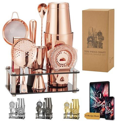 Jettory Boston - Set Shaker da Cocktail in Acciaio Inox, 10 Pezzi, Con Base Acrilica, Colino, Pinza per Ghiaccio, Cucchiaio, Misurino, Pestello, Perfetto per il Bar di Casa (Oro Rosa)
