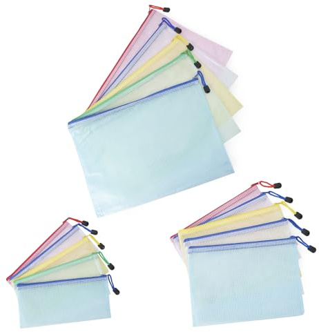 Elalove Lot de 15 Pochettes Zippées A4/A5/A6, Semi-Transparentes, 5 Couleurs Résistant à l'eau,Organisation Bureau/Voyage (3 Tailles)