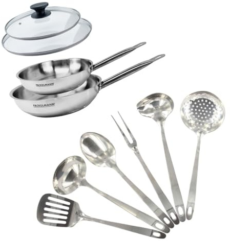 Fackelmann Set poêles inox 20 et 24 cm, couvercle et 6 ustensiles inox | Cuisson et service réunis, 2 poêles 20 et 24 cm, Inox et verre, Couvercles assortis, Lave-vaisselle, Sans PFAS