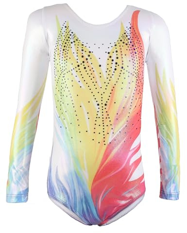 ANTLOOWW Gymnastikanzug Mädchen Langarm Kinder Turnanzug Farbverlauf Gymnastik Trikot Glitzernde Ballett Tanzbekleidung Training Leotard für 3-12 Jahre (Gelb, 120)