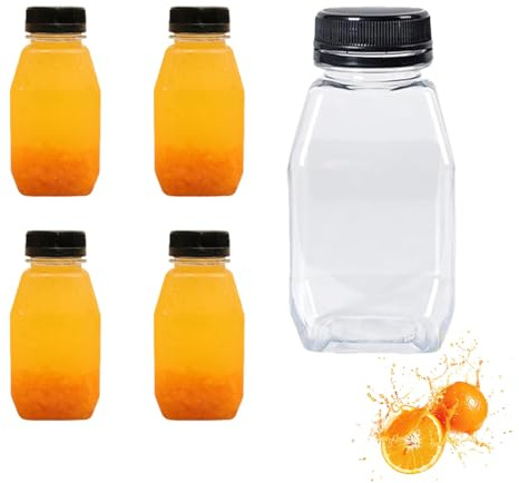 Homiladi 5 Pcs 250ml Plastic Bottles, Small Bottles with Lids, Portable Transparent Square Mini Bottle for Milk Juice Smoothies Water, Empty Reusable Bottle for Mini Fridge, Beverages on the Go