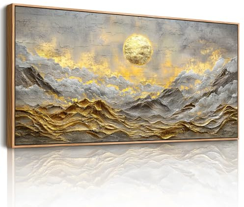 hyidecorart Cuadros Decoracion Salon Modernos, Marcos Laminas Lienzos Decorativos Grandes, Naturaleza Decoración Puesta de Sol Montaña, Pinturas Dorado Pasillos Habitación Dormitorios 50x100 cm