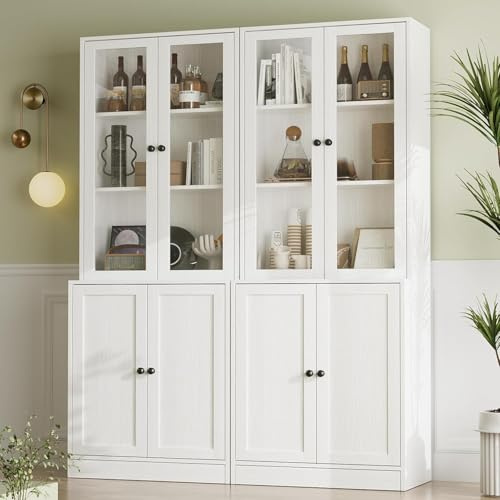 VOWNER Libreria a 5 ripiani con ante in vetro, vetrina da 180 cm, armadi da cucina, mobile alto da cucina, credenza per cucina, soggiorno, sala da pranzo, A (Bianco, 2PCS)