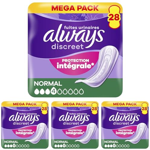 Always Discreet Serviettes Pour Fuites Urinaires Femmes Normal 28 Serviettes Protection Intégrale*. Discrétion Incroyable (Lot de 4)