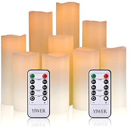 YIWER LED Kerzen Set von 9 Flammenlose Kerzen Batteriebetriebene Kerzen D5.5cmxH 14/15/16/17.5/20/22cm Echtwachssäule Kerzen Flackern mit Fernbedienung und Timer-Steuerung(Elfenbein,9x1