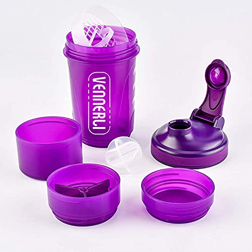 VENNERLI Protein Shaker Bottle with Storage Mixing Ball 100% BPA Free Leak Proof Smoothies Nutrition Shaker Cups Strong Durable Sports Gym Diet Fitness (600ml Purple)